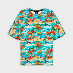 Мужская футболка oversize 3D с принтом Гавайский стиль море и цветы в Новосибирске,  |  | Тематика изображения на принте: 