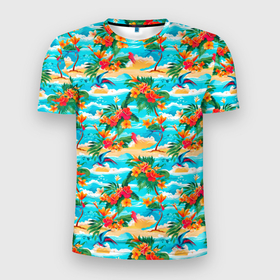 Мужская футболка 3D Slim с принтом Гавайский стиль море и цветы в Новосибирске, 100% полиэстер с улучшенными характеристиками | приталенный силуэт, круглая горловина, широкие плечи, сужается к линии бедра | Тематика изображения на принте: 