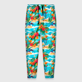 Мужские брюки 3D с принтом Гавайский стиль море и цветы в Петрозаводске, 100% полиэстер | манжеты по низу, эластичный пояс регулируется шнурком, по бокам два кармана без застежек, внутренняя часть кармана из мелкой сетки | 