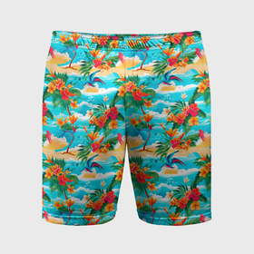 Мужские шорты спортивные с принтом Гавайский стиль море и цветы в Новосибирске,  |  | Тематика изображения на принте: 