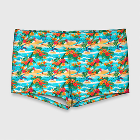 Мужские купальные плавки 3D с принтом Гавайский стиль море и цветы в Тюмени, Полиэстер 85%, Спандекс 15% |  | 