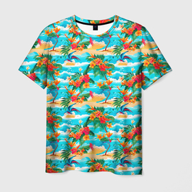 Мужская футболка 3D с принтом Гавайский стиль море и цветы в Кировске, 100% полиэфир | прямой крой, круглый вырез горловины, длина до линии бедер | 