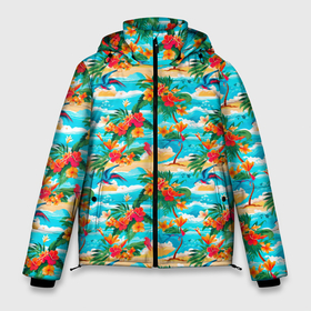 Мужская зимняя куртка 3D с принтом Гавайский стиль море и цветы в Новосибирске, верх — 100% полиэстер; подкладка — 100% полиэстер; утеплитель — 100% полиэстер | длина ниже бедра, свободный силуэт Оверсайз. Есть воротник-стойка, отстегивающийся капюшон и ветрозащитная планка. 

Боковые карманы с листочкой на кнопках и внутренний карман на молнии. | Тематика изображения на принте: 
