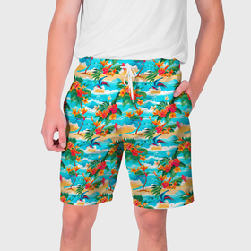 Мужские шорты 3D с принтом Гавайский стиль море и цветы ,  полиэстер 100% | прямой крой, два кармана без застежек по бокам. Мягкая трикотажная резинка на поясе, внутри которой широкие завязки. Длина чуть выше колен | 