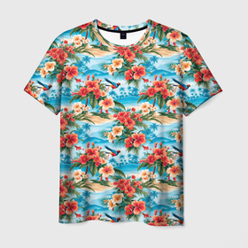 Мужская футболка 3D с принтом Гавайский стиль летние цветы в Екатеринбурге, 100% полиэфир | прямой крой, круглый вырез горловины, длина до линии бедер | 