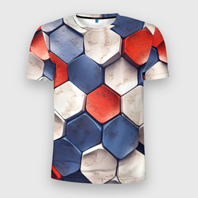 Мужская футболка 3D Slim с принтом Белые синие красные плиты в Новосибирске, 100% полиэстер с улучшенными характеристиками | приталенный силуэт, круглая горловина, широкие плечи, сужается к линии бедра | 