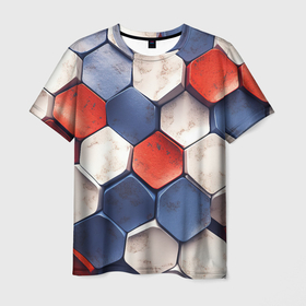 Мужская футболка 3D с принтом Белые синие красные плиты в Екатеринбурге, 100% полиэфир | прямой крой, круглый вырез горловины, длина до линии бедер | 