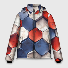 Мужская зимняя куртка 3D с принтом Белые синие красные плиты в Петрозаводске, верх — 100% полиэстер; подкладка — 100% полиэстер; утеплитель — 100% полиэстер | длина ниже бедра, свободный силуэт Оверсайз. Есть воротник-стойка, отстегивающийся капюшон и ветрозащитная планка. 

Боковые карманы с листочкой на кнопках и внутренний карман на молнии. | 