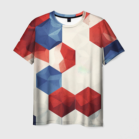 Мужская футболка 3D с принтом Белые синие красные  плиты в Петрозаводске, 100% полиэфир | прямой крой, круглый вырез горловины, длина до линии бедер | 