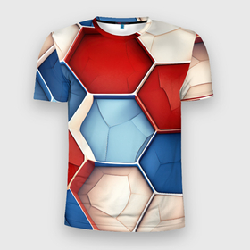 Мужская футболка 3D Slim с принтом Большие белые синие красные плиты в Новосибирске, 100% полиэстер с улучшенными характеристиками | приталенный силуэт, круглая горловина, широкие плечи, сужается к линии бедра | 