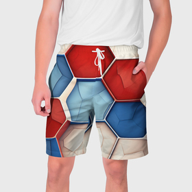 Мужские шорты 3D с принтом Большие белые синие красные плиты в Тюмени,  полиэстер 100% | прямой крой, два кармана без застежек по бокам. Мягкая трикотажная резинка на поясе, внутри которой широкие завязки. Длина чуть выше колен | 