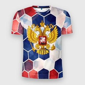Мужская футболка 3D Slim с принтом Герб России объемные плиты в Новосибирске, 100% полиэстер с улучшенными характеристиками | приталенный силуэт, круглая горловина, широкие плечи, сужается к линии бедра | 