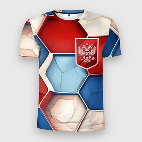Мужская футболка 3D Slim с принтом Объемные плиты и герб России в Новосибирске, 100% полиэстер с улучшенными характеристиками | приталенный силуэт, круглая горловина, широкие плечи, сужается к линии бедра | 