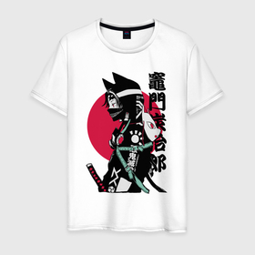 Мужская футболка хлопок с принтом Samurai cat women в Петрозаводске, 100% хлопок | прямой крой, круглый вырез горловины, длина до линии бедер, слегка спущенное плечо. | 