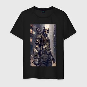 Мужская футболка хлопок с принтом Skeleton cyberpunk   hieroglyphs   neural network , 100% хлопок | прямой крой, круглый вырез горловины, длина до линии бедер, слегка спущенное плечо. | Тематика изображения на принте: 