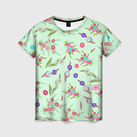 Женская футболка 3D с принтом Цветы на веточках и листья в Тюмени, 100% полиэфир ( синтетическое хлопкоподобное полотно) | прямой крой, круглый вырез горловины, длина до линии бедер | 