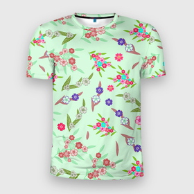 Мужская футболка 3D Slim с принтом Цветы на веточках и листья в Курске, 100% полиэстер с улучшенными характеристиками | приталенный силуэт, круглая горловина, широкие плечи, сужается к линии бедра | 