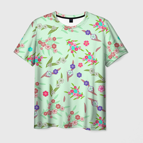 Мужская футболка 3D с принтом Цветы на веточках и листья в Курске, 100% полиэфир | прямой крой, круглый вырез горловины, длина до линии бедер | 