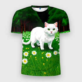 Мужская футболка 3D Slim с принтом Белый кот на лугу пиксель арт , 100% полиэстер с улучшенными характеристиками | приталенный силуэт, круглая горловина, широкие плечи, сужается к линии бедра | 
