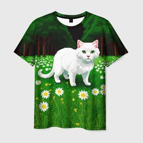 Мужская футболка 3D с принтом Белый кот на лугу пиксель арт в Белгороде, 100% полиэфир | прямой крой, круглый вырез горловины, длина до линии бедер | 