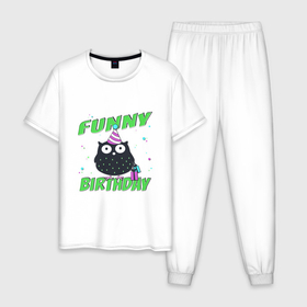 Мужская пижама хлопок с принтом Funny Birthday веселого дня рождения и сова в колпаке в Белгороде, 100% хлопок | брюки и футболка прямого кроя, без карманов, на брюках мягкая резинка на поясе и по низу штанин
 | 