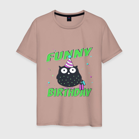 Мужская футболка хлопок с принтом Funny Birthday веселого дня рождения и сова в колпаке , 100% хлопок | прямой крой, круглый вырез горловины, длина до линии бедер, слегка спущенное плечо. | 