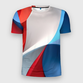 Мужская футболка 3D Slim с принтом Абстракция белый синий  красный в Кировске, 100% полиэстер с улучшенными характеристиками | приталенный силуэт, круглая горловина, широкие плечи, сужается к линии бедра | 
