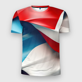 Мужская футболка 3D Slim с принтом Белые синие красные объемные волны в Белгороде, 100% полиэстер с улучшенными характеристиками | приталенный силуэт, круглая горловина, широкие плечи, сужается к линии бедра | 