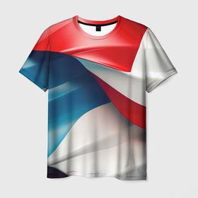 Мужская футболка 3D с принтом Белые синие красные объемные волны в Белгороде, 100% полиэфир | прямой крой, круглый вырез горловины, длина до линии бедер | 