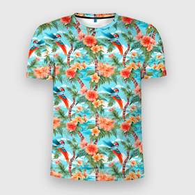 Мужская футболка 3D Slim с принтом Паттерн цветы и попугаи в Тюмени, 100% полиэстер с улучшенными характеристиками | приталенный силуэт, круглая горловина, широкие плечи, сужается к линии бедра | Тематика изображения на принте: 