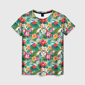 Женская футболка 3D с принтом Яркие гавайские цветы в Петрозаводске, 100% полиэфир ( синтетическое хлопкоподобное полотно) | прямой крой, круглый вырез горловины, длина до линии бедер | 