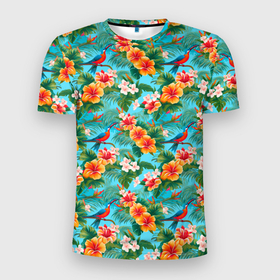 Мужская футболка 3D Slim с принтом Яркие гавайские цветочки в Петрозаводске, 100% полиэстер с улучшенными характеристиками | приталенный силуэт, круглая горловина, широкие плечи, сужается к линии бедра | 