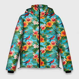 Мужская зимняя куртка 3D с принтом Яркие гавайские цветочки в Новосибирске, верх — 100% полиэстер; подкладка — 100% полиэстер; утеплитель — 100% полиэстер | длина ниже бедра, свободный силуэт Оверсайз. Есть воротник-стойка, отстегивающийся капюшон и ветрозащитная планка. 

Боковые карманы с листочкой на кнопках и внутренний карман на молнии. | 