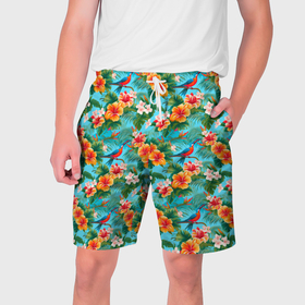 Мужские шорты 3D с принтом Яркие гавайские цветочки в Белгороде,  полиэстер 100% | прямой крой, два кармана без застежек по бокам. Мягкая трикотажная резинка на поясе, внутри которой широкие завязки. Длина чуть выше колен | 
