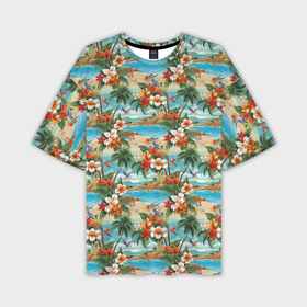 Мужская футболка oversize 3D с принтом Гавайский остров и цветы в Тюмени,  |  | 