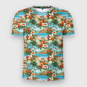 Мужская футболка 3D Slim с принтом Гавайский остров и цветы в Курске, 100% полиэстер с улучшенными характеристиками | приталенный силуэт, круглая горловина, широкие плечи, сужается к линии бедра | 