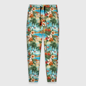 Мужские брюки 3D с принтом Гавайский остров и цветы в Тюмени, 100% полиэстер | манжеты по низу, эластичный пояс регулируется шнурком, по бокам два кармана без застежек, внутренняя часть кармана из мелкой сетки | 