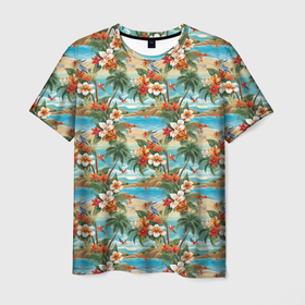 Мужская футболка 3D с принтом Гавайский остров и цветы в Кировске, 100% полиэфир | прямой крой, круглый вырез горловины, длина до линии бедер | 