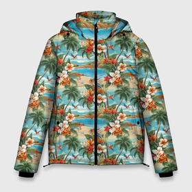 Мужская зимняя куртка 3D с принтом Гавайский остров и цветы в Тюмени, верх — 100% полиэстер; подкладка — 100% полиэстер; утеплитель — 100% полиэстер | длина ниже бедра, свободный силуэт Оверсайз. Есть воротник-стойка, отстегивающийся капюшон и ветрозащитная планка. 

Боковые карманы с листочкой на кнопках и внутренний карман на молнии. | 