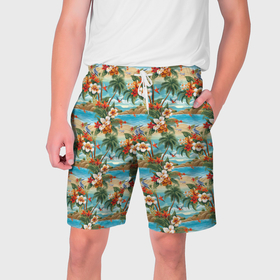 Мужские шорты 3D с принтом Гавайский остров и цветы в Белгороде,  полиэстер 100% | прямой крой, два кармана без застежек по бокам. Мягкая трикотажная резинка на поясе, внутри которой широкие завязки. Длина чуть выше колен | 