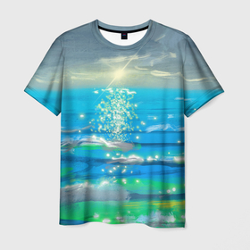 Мужская футболка 3D с принтом Солнечная дорожка на морских волнах в Тюмени, 100% полиэфир | прямой крой, круглый вырез горловины, длина до линии бедер | 