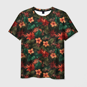 Мужская футболка 3D с принтом Тропические цветы паттерн в Екатеринбурге, 100% полиэфир | прямой крой, круглый вырез горловины, длина до линии бедер | 