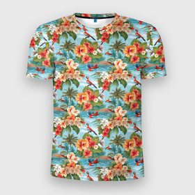 Мужская футболка 3D Slim с принтом Гавайские  цветы  паттерн в Петрозаводске, 100% полиэстер с улучшенными характеристиками | приталенный силуэт, круглая горловина, широкие плечи, сужается к линии бедра | 