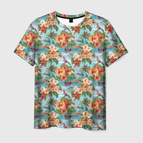 Мужская футболка 3D с принтом Гавайские  цветы  паттерн в Тюмени, 100% полиэфир | прямой крой, круглый вырез горловины, длина до линии бедер | Тематика изображения на принте: 