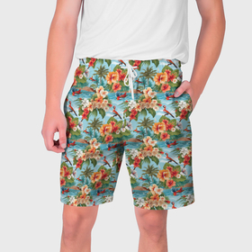 Мужские шорты 3D с принтом Гавайские  цветы  паттерн в Белгороде,  полиэстер 100% | прямой крой, два кармана без застежек по бокам. Мягкая трикотажная резинка на поясе, внутри которой широкие завязки. Длина чуть выше колен | 
