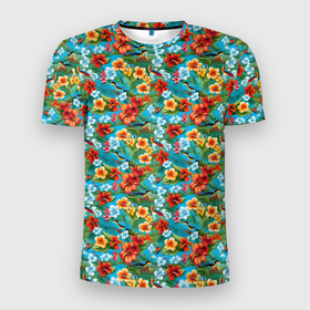 Мужская футболка 3D Slim с принтом Гавайский   паттерн   цветочки в Петрозаводске, 100% полиэстер с улучшенными характеристиками | приталенный силуэт, круглая горловина, широкие плечи, сужается к линии бедра | 