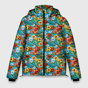 Мужская зимняя куртка 3D с принтом Гавайский   паттерн   цветочки в Новосибирске, верх — 100% полиэстер; подкладка — 100% полиэстер; утеплитель — 100% полиэстер | длина ниже бедра, свободный силуэт Оверсайз. Есть воротник-стойка, отстегивающийся капюшон и ветрозащитная планка. 

Боковые карманы с листочкой на кнопках и внутренний карман на молнии. | 
