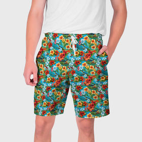 Мужские шорты 3D с принтом Гавайский   паттерн   цветочки в Белгороде,  полиэстер 100% | прямой крой, два кармана без застежек по бокам. Мягкая трикотажная резинка на поясе, внутри которой широкие завязки. Длина чуть выше колен | 