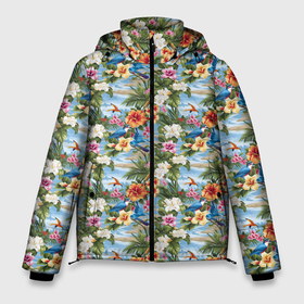 Мужская зимняя куртка 3D с принтом Гавайские цветочки паттерн в Новосибирске, верх — 100% полиэстер; подкладка — 100% полиэстер; утеплитель — 100% полиэстер | длина ниже бедра, свободный силуэт Оверсайз. Есть воротник-стойка, отстегивающийся капюшон и ветрозащитная планка. 

Боковые карманы с листочкой на кнопках и внутренний карман на молнии. | 