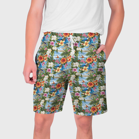 Мужские шорты 3D с принтом Гавайские цветочки паттерн в Кировске,  полиэстер 100% | прямой крой, два кармана без застежек по бокам. Мягкая трикотажная резинка на поясе, внутри которой широкие завязки. Длина чуть выше колен | 